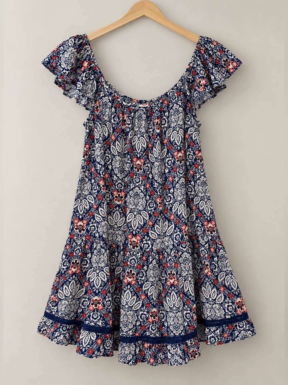 Band of the Free Blue Red Boho Floral Tunic/Mini Dress Ruffle Strap EUC M #2420